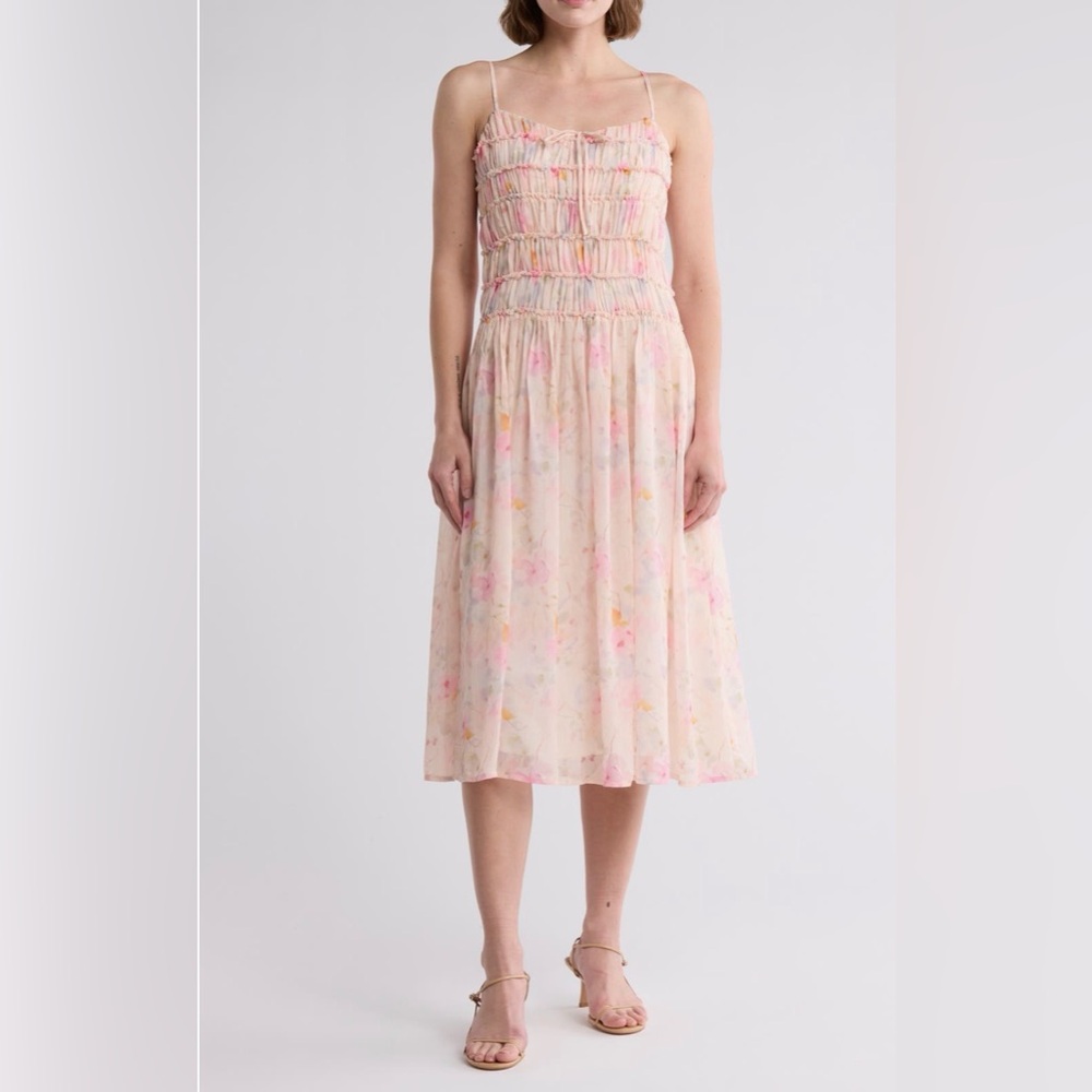 Lush Nordstrom Cream & Pink Floral Smocked Adjustable Sundress Size Medium